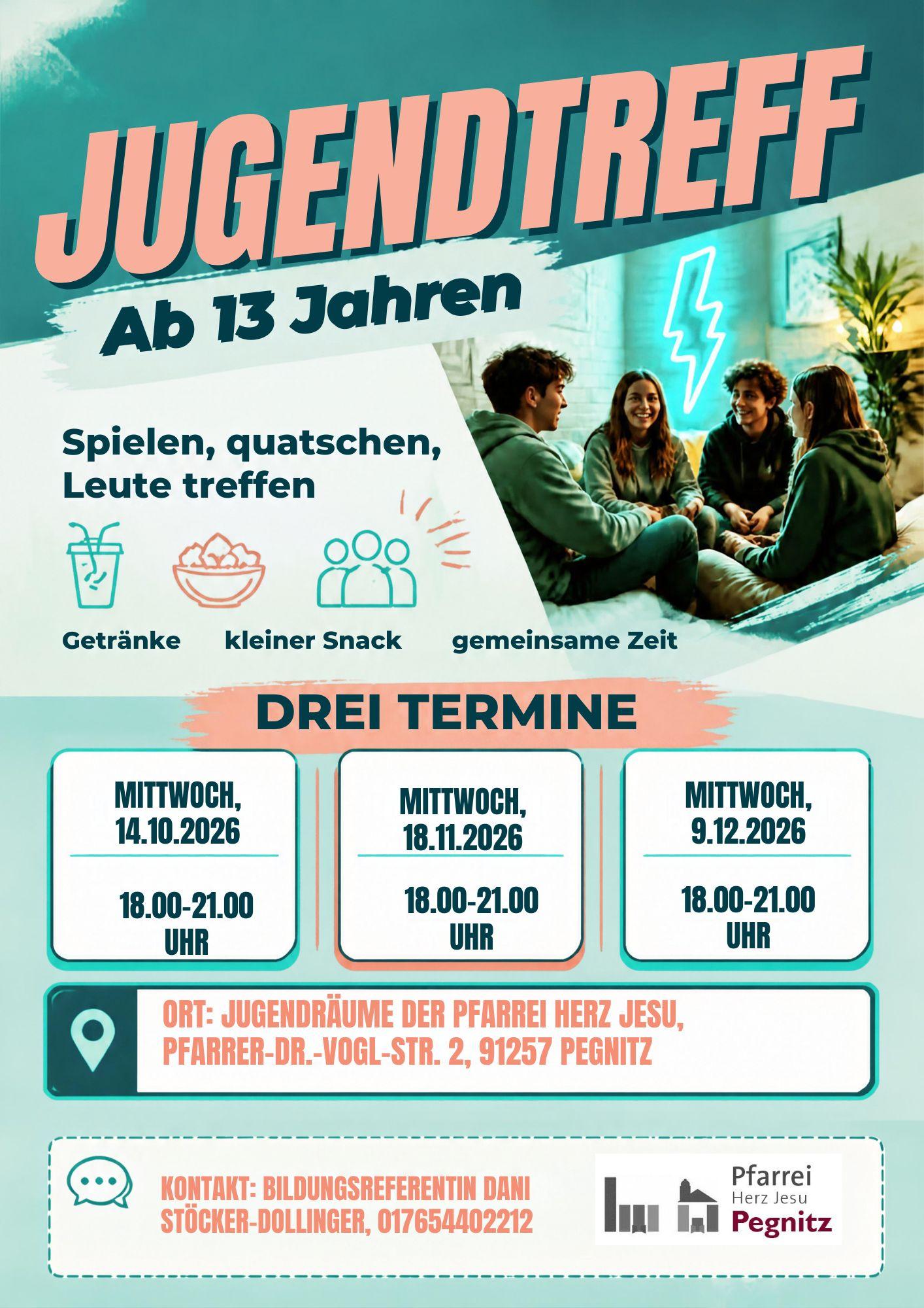 Jugendtreff-FlyerA5_2026_IV Flyer für den Jugendtreff Pegnitz mit Terminen im Oktober, November und Dezember 2026